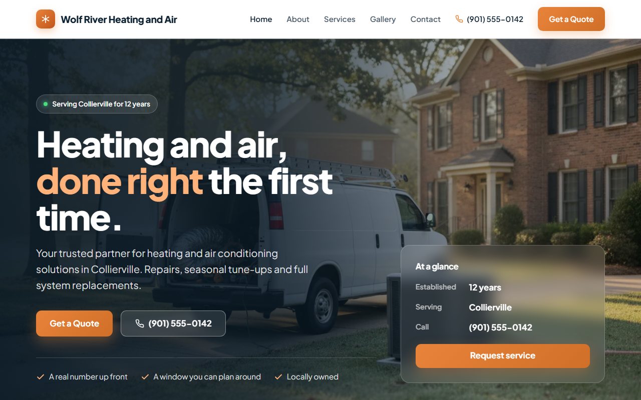 Home page of the demo site for a heating and air conditioning company