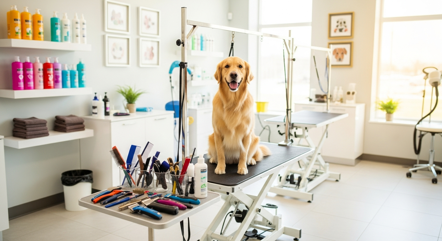 Pet grooming salon with golden retriever - Pawsome Pet Spa website by JADE AI